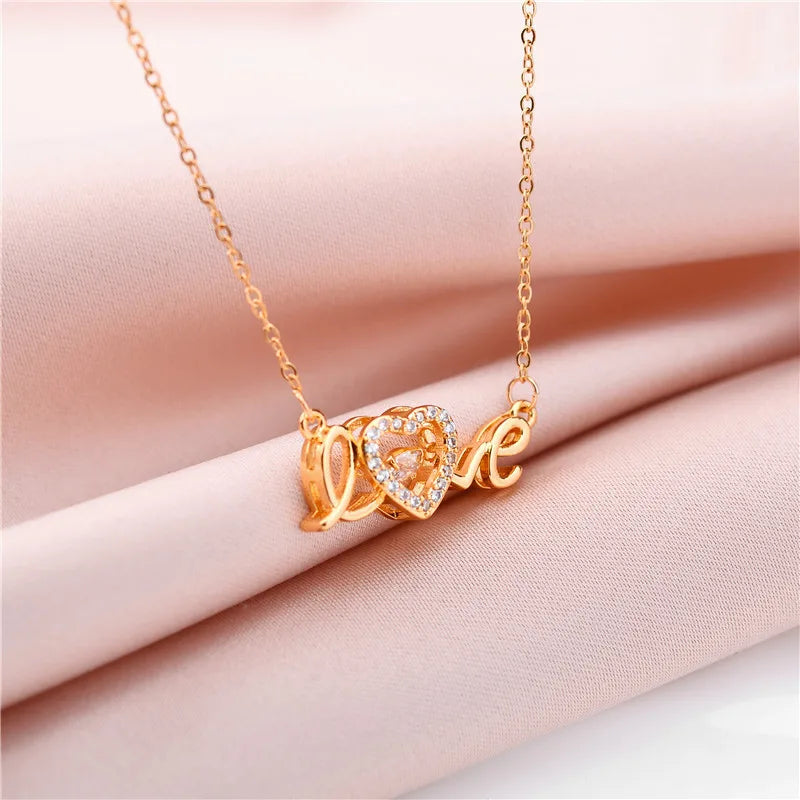 Cute Gold Color Love Letter Crystal Heart Pendant Women Necklace Ladies Romantic Wedding Party Jewelry Female Clavicle Chain
