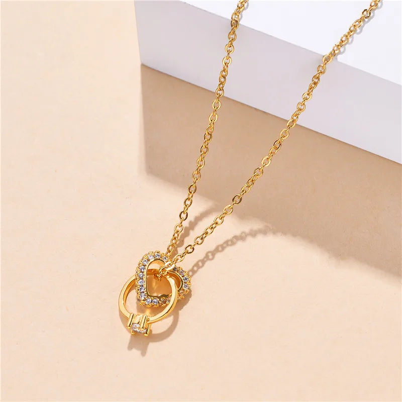 Korean Fashion Heart Ring Cross Stainless Steel Necklace for Women Cute Romantic Ladies Wedding Jewelry Female Clavicle Chain