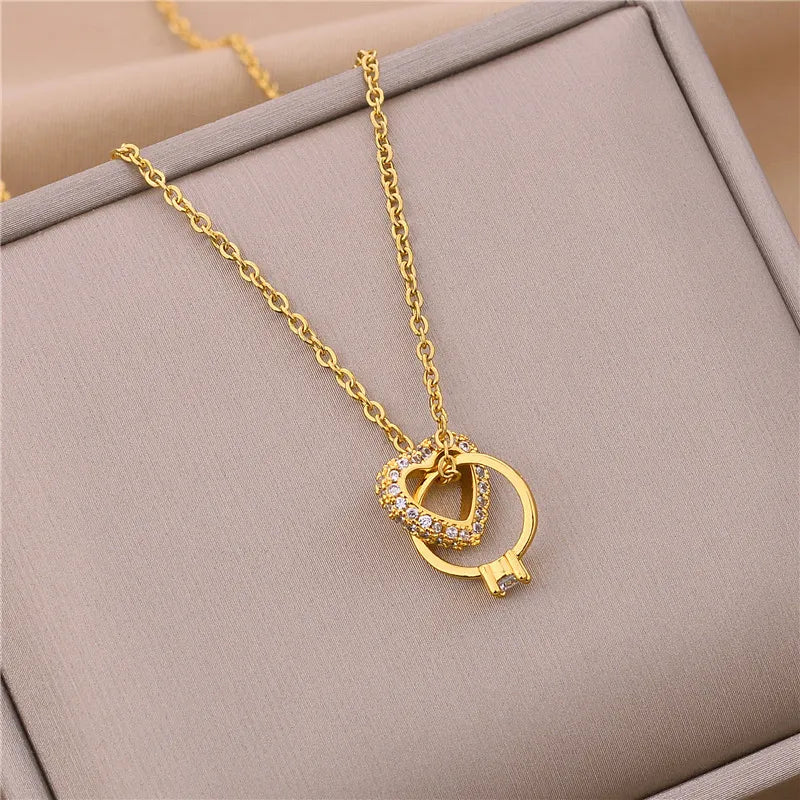 Korean Fashion Heart Ring Cross Stainless Steel Necklace for Women Cute Romantic Ladies Wedding Jewelry Female Clavicle Chain