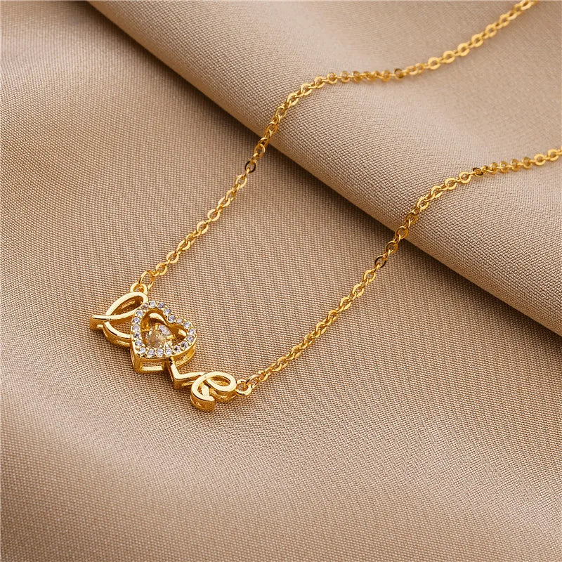 Cute Gold Color Love Letter Crystal Heart Pendant Women Necklace Ladies Romantic Wedding Party Jewelry Female Clavicle Chain