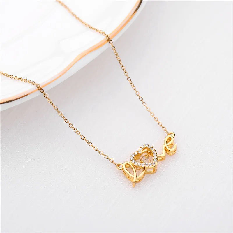 Cute Gold Color Love Letter Crystal Heart Pendant Women Necklace Ladies Romantic Wedding Party Jewelry Female Clavicle Chain
