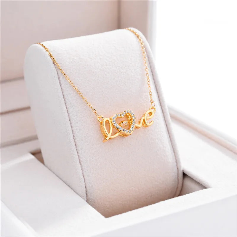 Cute Gold Color Love Letter Crystal Heart Pendant Women Necklace Ladies Romantic Wedding Party Jewelry Female Clavicle Chain