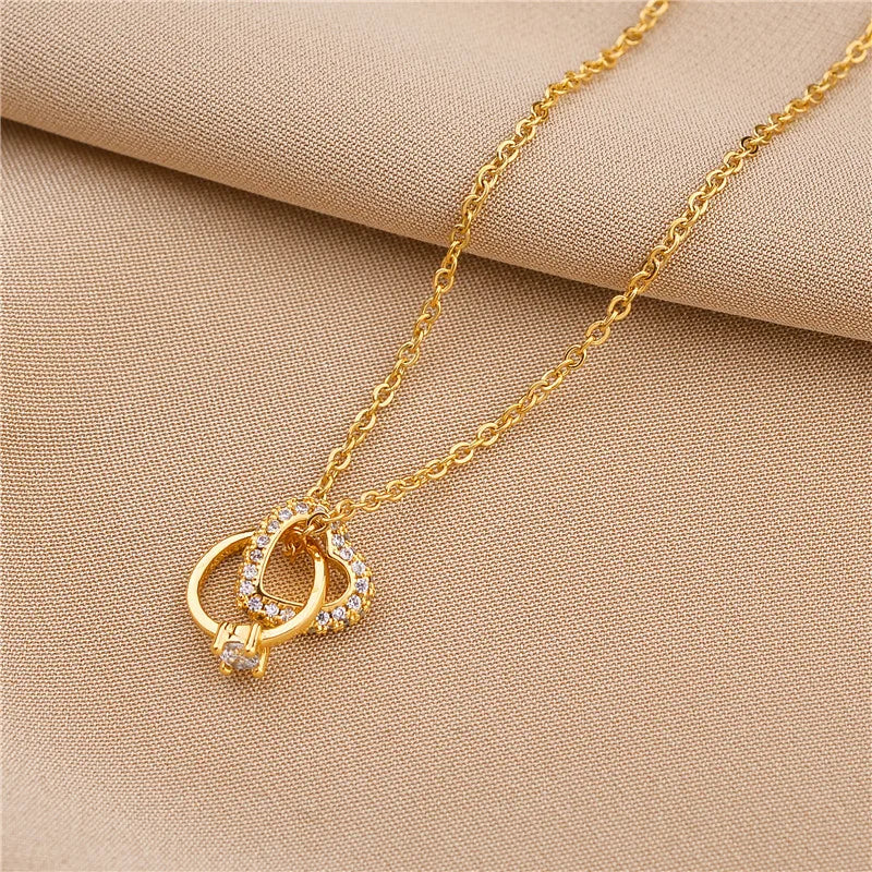 Korean Fashion Heart Ring Cross Stainless Steel Necklace for Women Cute Romantic Ladies Wedding Jewelry Female Clavicle Chain